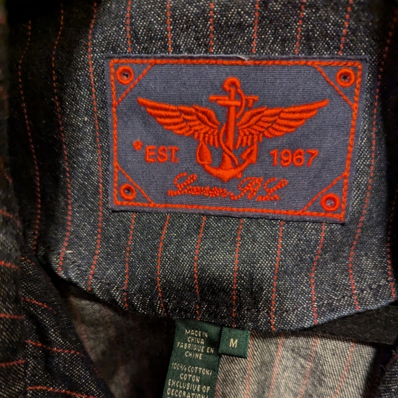 Ralph Lauren Medium dark denim jacket with red pinstripes and bronze buttons. - Picture 2 of 3